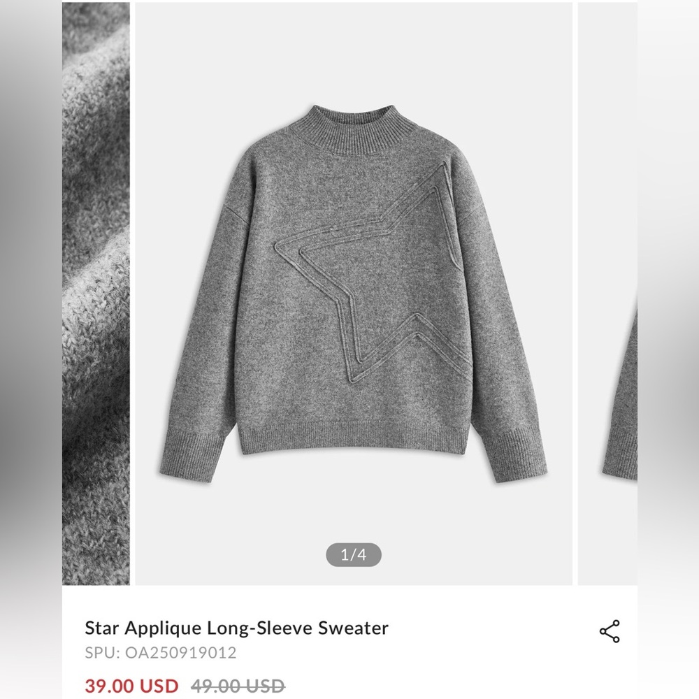 Commense Gray Star Applique Crewneck Sweater